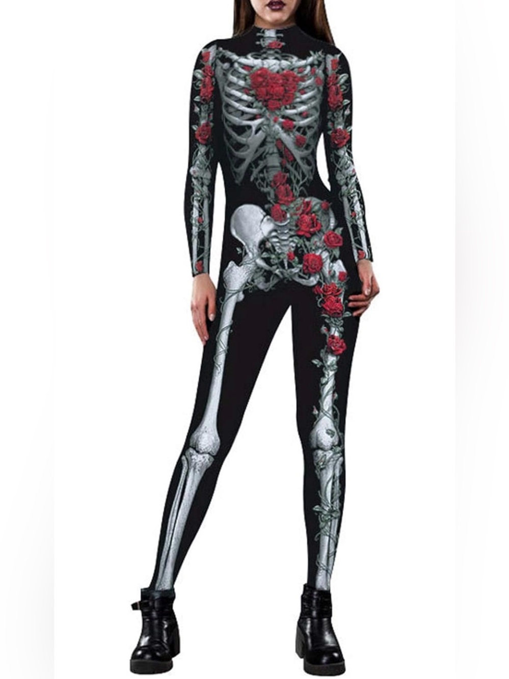 Halloween Costume 3D Rose Skeleton Cosplay Jumpsuit Bodycon Size L
